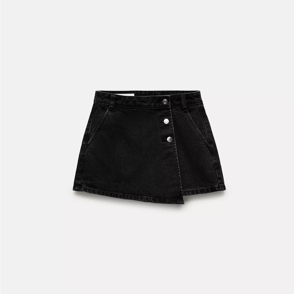 Black Asymmetric Button-Front Denim Mini Skirt